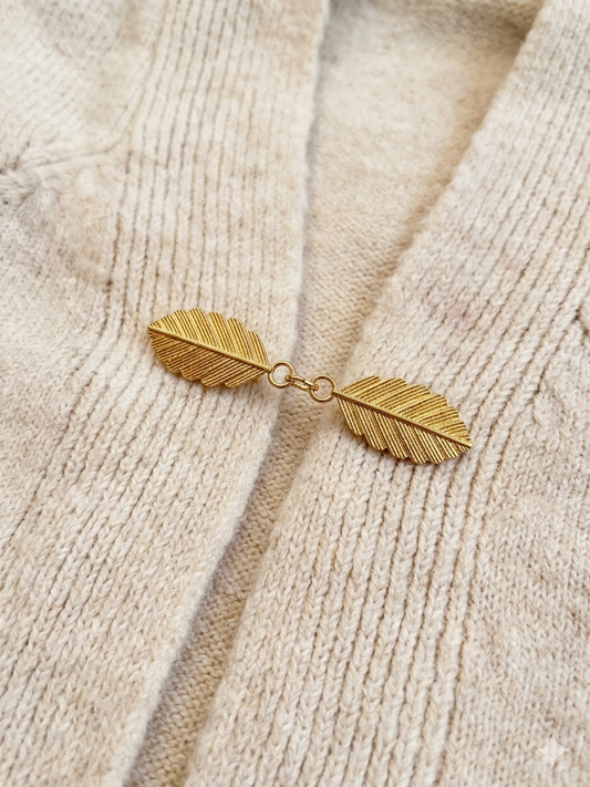 Twin Feather Leaf Shawl Brooch - Gold