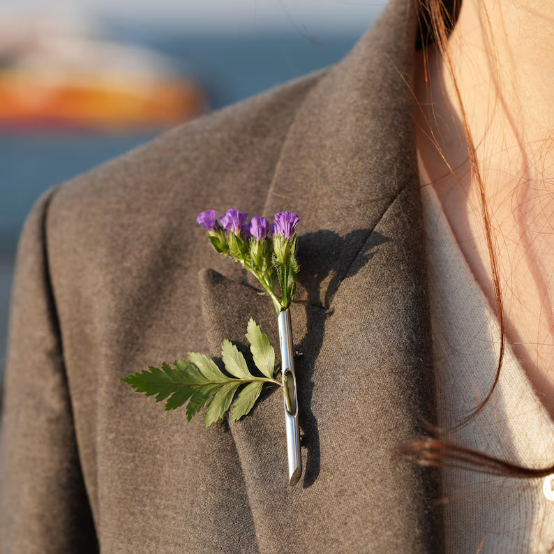 Modern Minimalist Silver Tube Floral Brooch (Lapel Vase Pin)