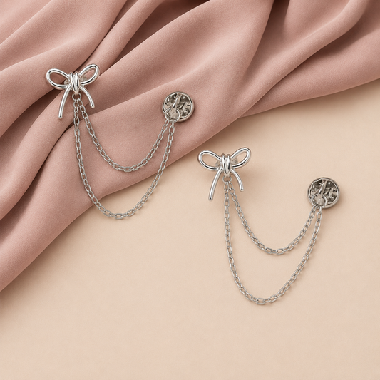 Bow Double-Chain Sleeve Holders – Silver Pair (2 Pieces)