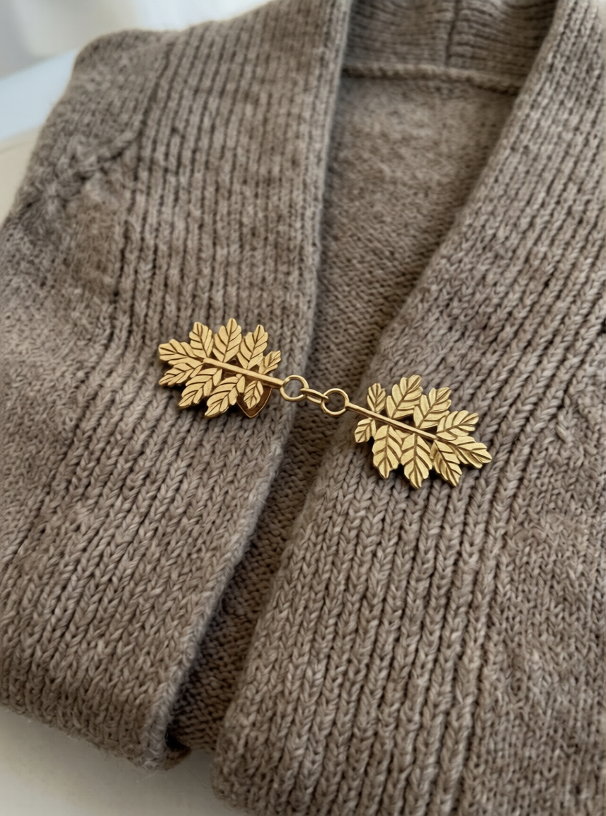 Twin Oak Leaf Chain Shawl Brooch - Gold