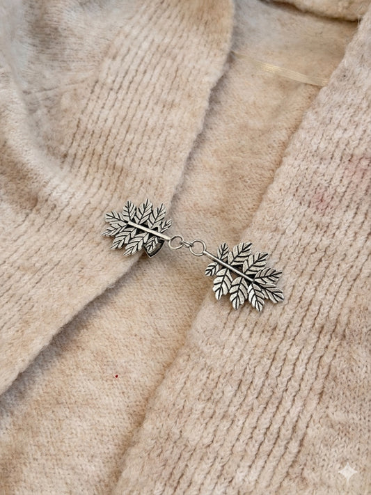 Twin Oak Leaf Chain Shawl Brooch - Silver