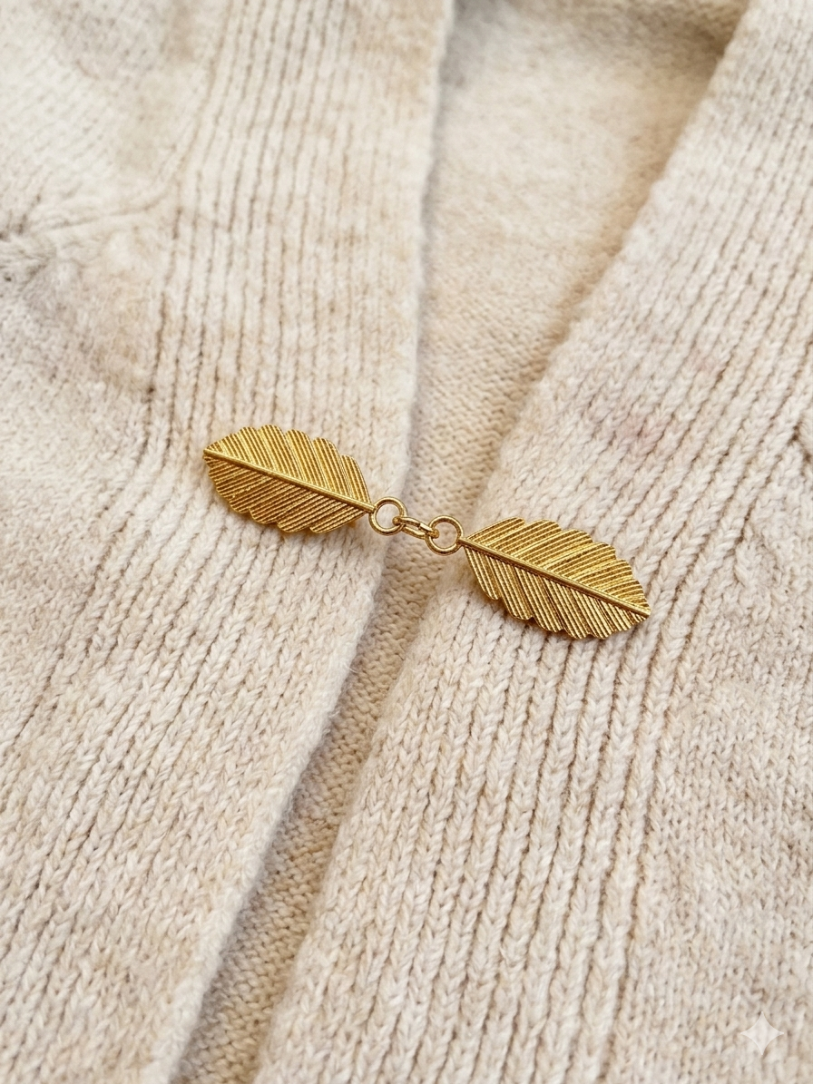 Twin Feather Leaf Shawl Brooch - Gold
