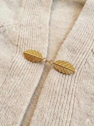 Twin Feather Leaf Shawl Brooch - Gold