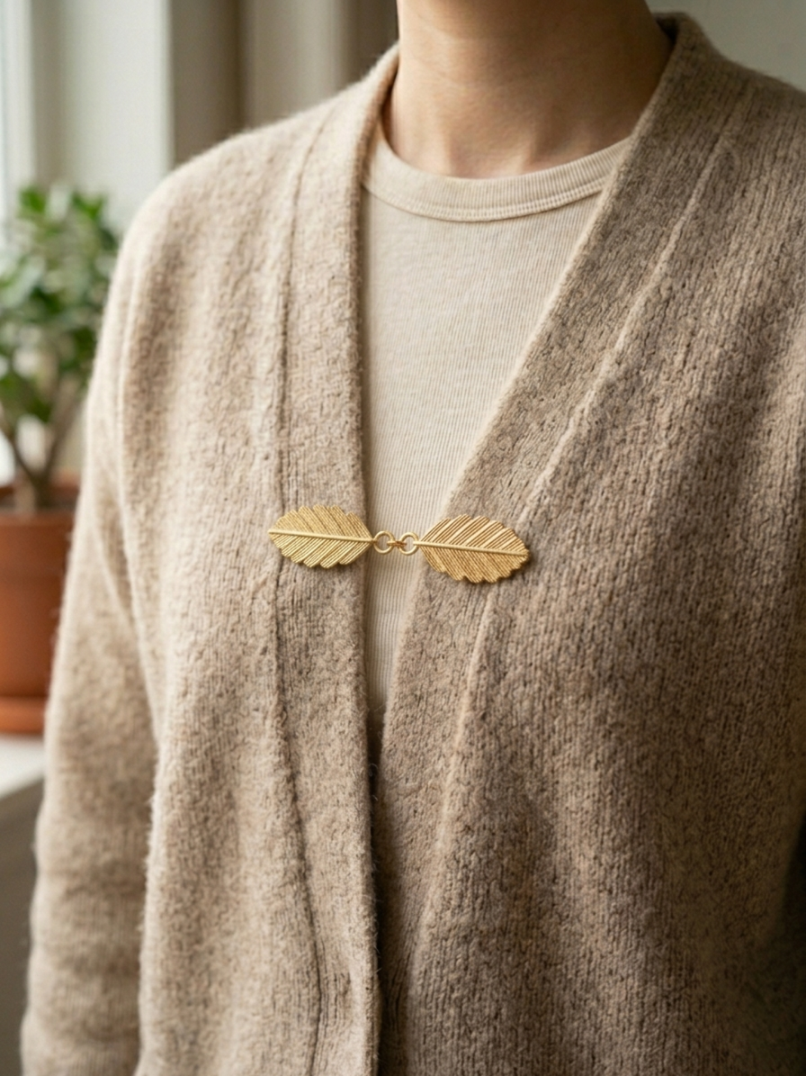 Twin Feather Leaf Shawl Brooch - Gold